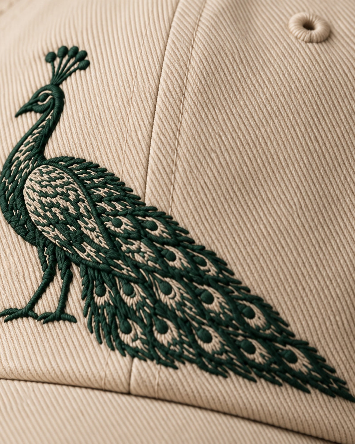 Cap Hausrecht, Detail des dunkelgrünen Pfaus auf der Front
