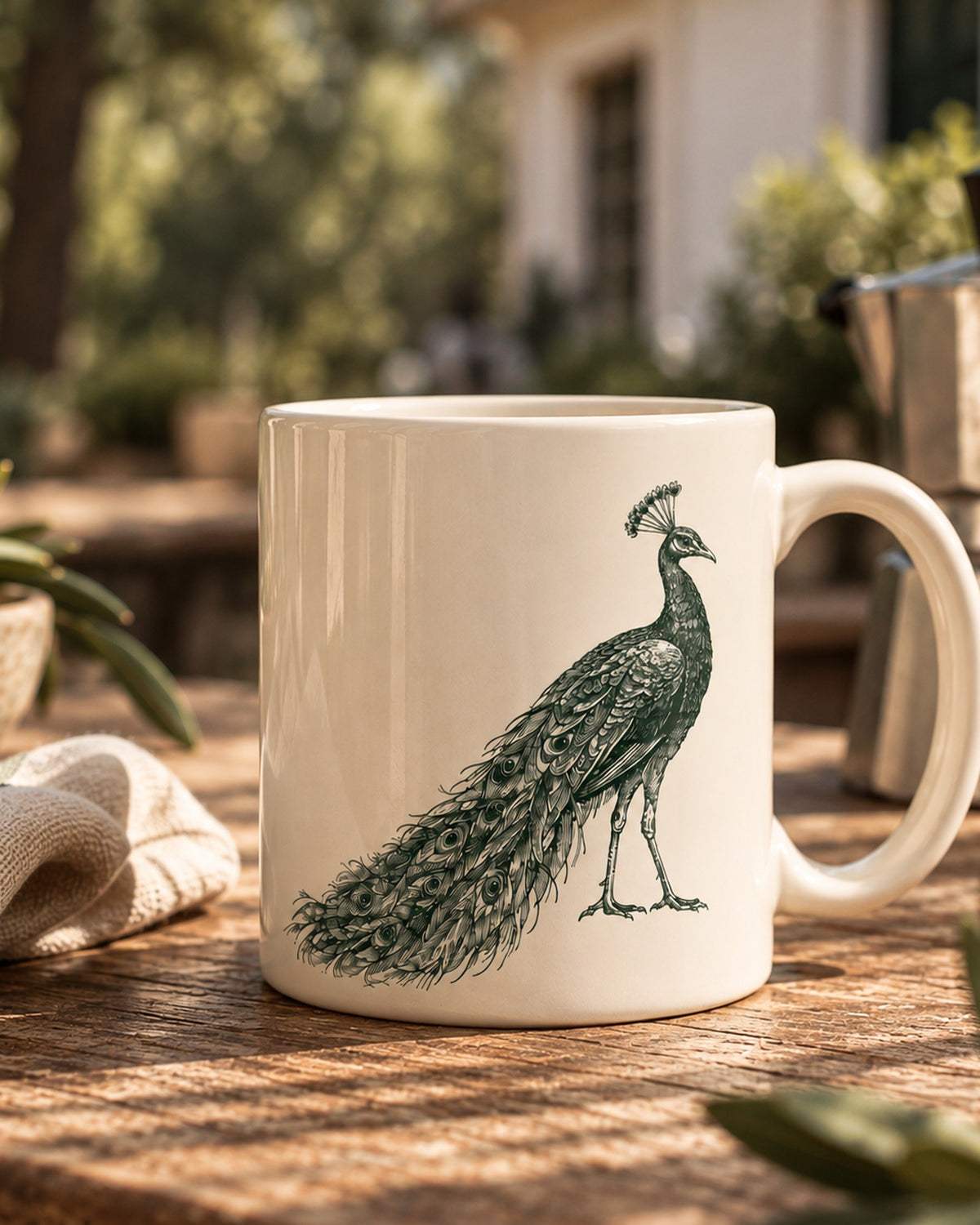 Weiße Tasse Hausrecht mit dunkelgrünem Pfau, Henkel rechts, auf einem Holztisch im Freien