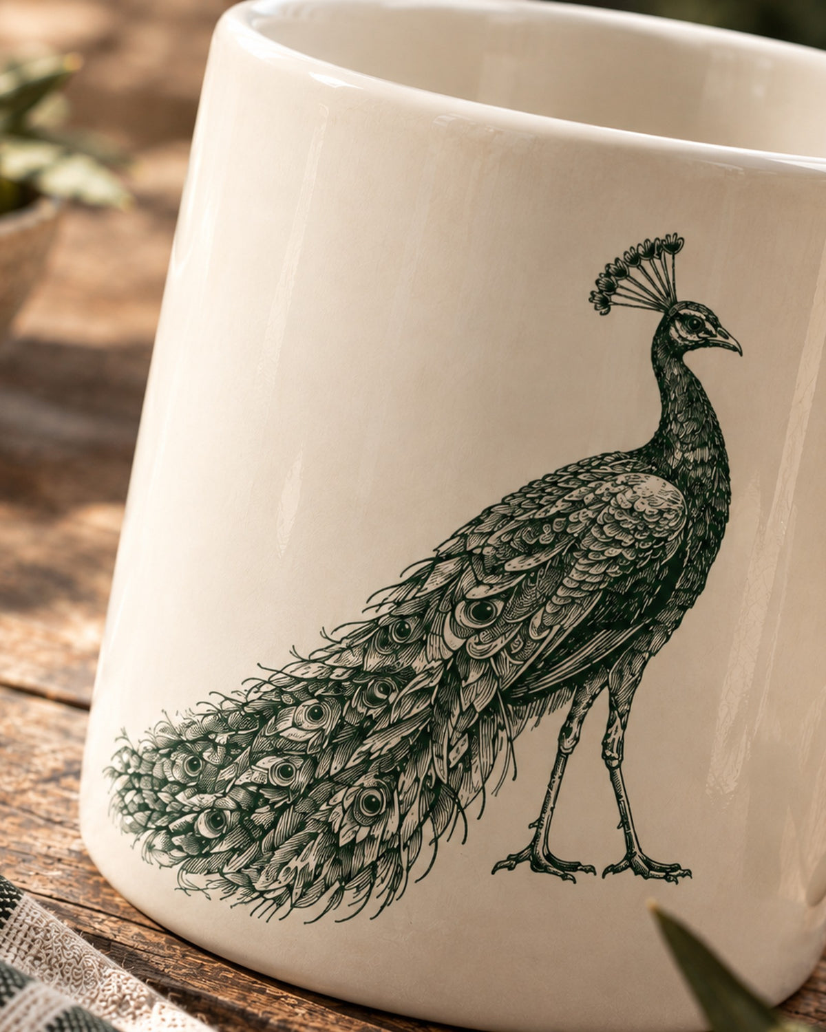 Tasse Hausrecht, Detail des Pfaus in dunklem Grün auf weißem Porzellan
